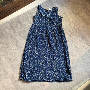 Vintage Erika Studio Midi Dress S Floral Print Sleeveless Rayon Blue Tie Back